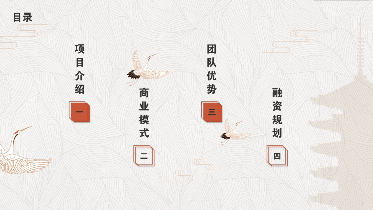 手工艺品文创中国风服装丹顶鹤完整商业计划书PPT模版-目录